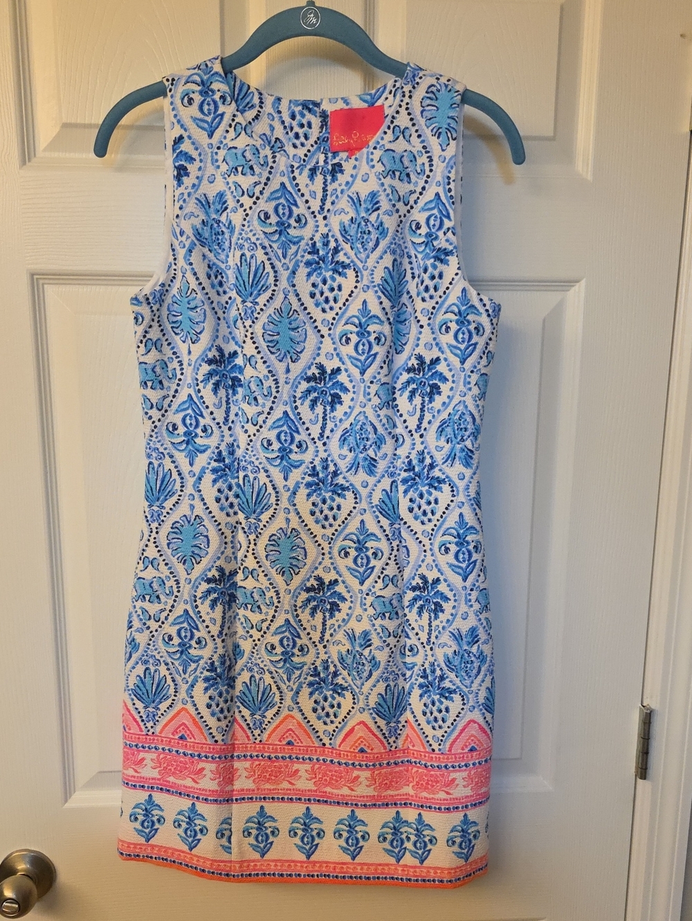 New Lilly Pulitzer Blue & White Sleeveless Printed Sheath Dress with Pink Border
